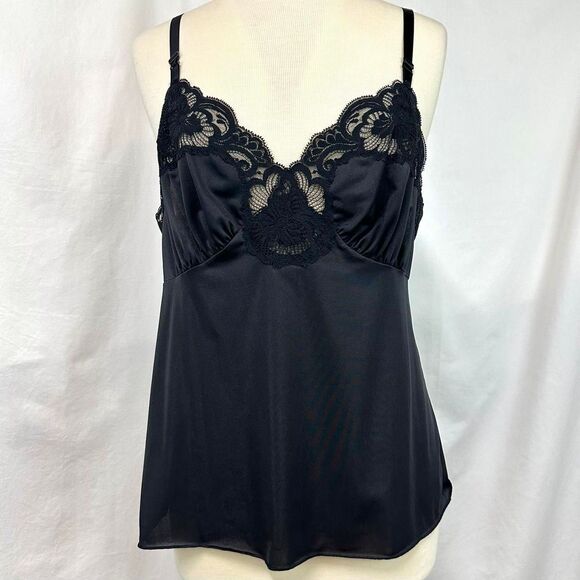 SHADOWLINE Vintage 70s Black Floral Lace Trim Satin Camisole Slip Tank 38/L Goth - Picture 1 of 7